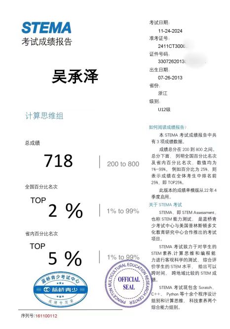 吴承泽的STEMA全国测试TOP 2%